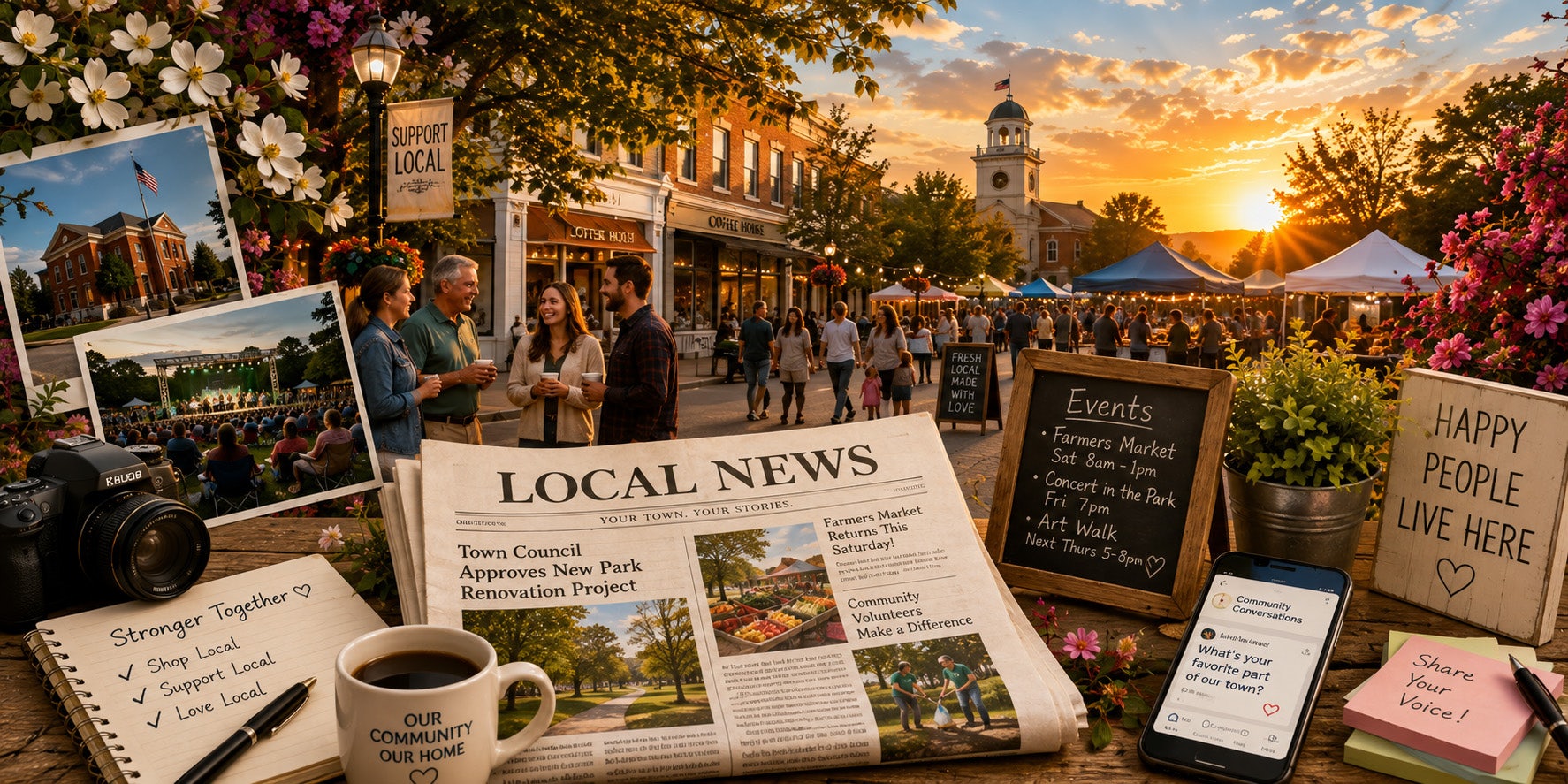 Community collage featuring local news, events, neighborhood conversations, and residents gathering along a lively downtown street at sunset.