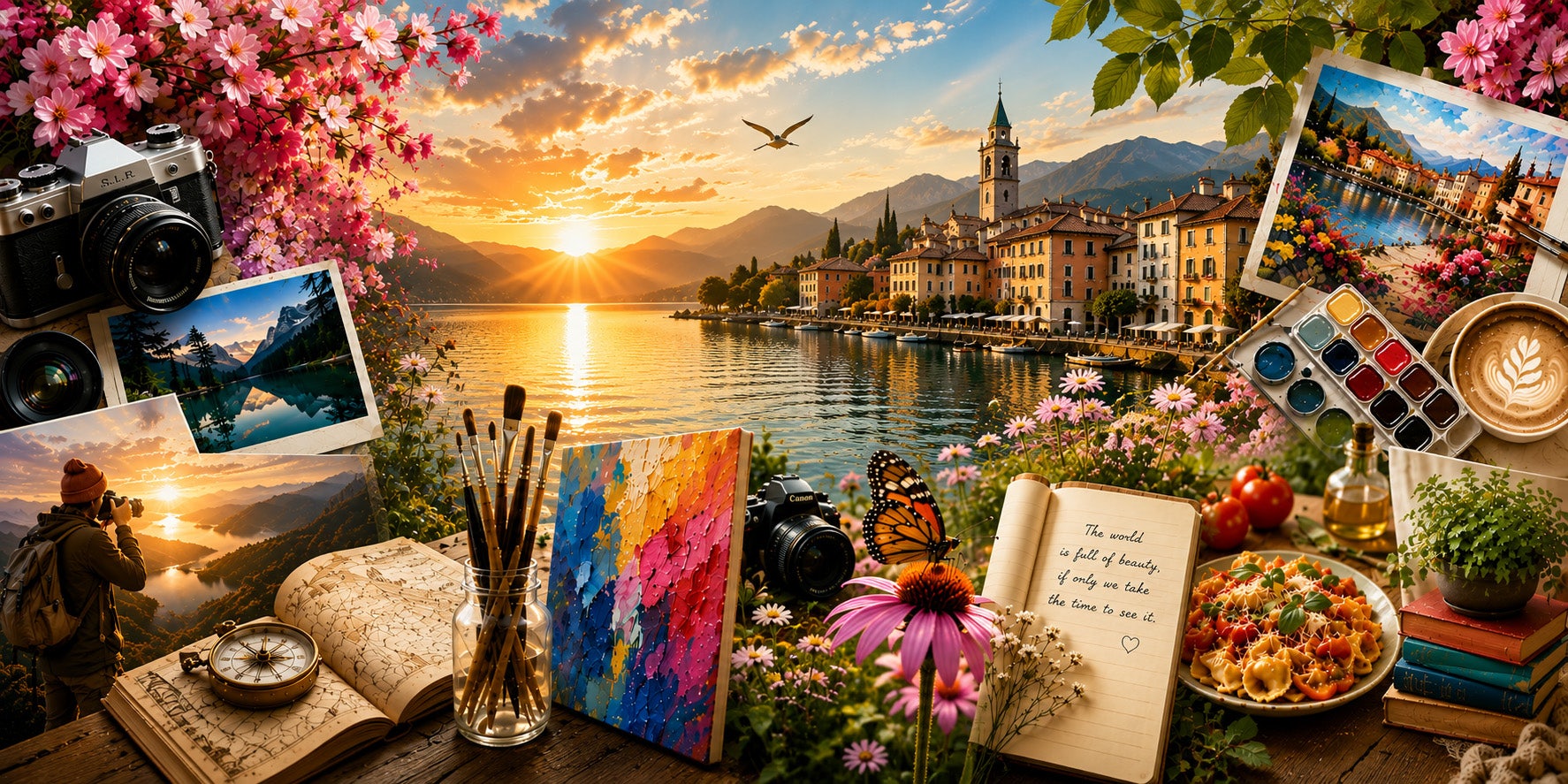 Colorful collage featuring photography, art, travel, poetry, cooking, and nature surrounding a scenic lakeside village at sunset.